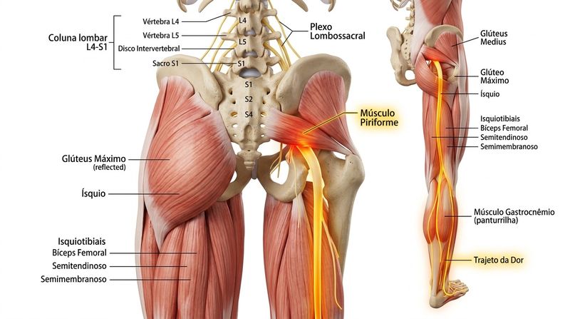 Ilustração 3D anatômica da ciática: nervo ciático em amarelo-dourado descendo pela coluna lombar L4-L5, nádega e face posterior da coxa, com compressão da raiz nervosa em vermelho